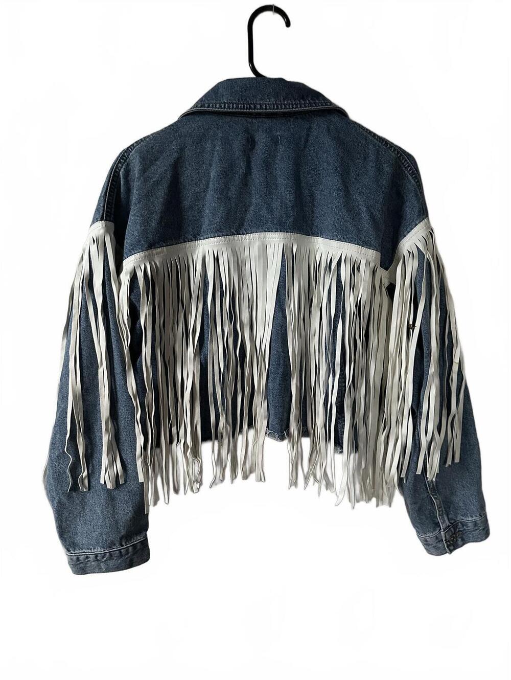 Forever 21 Cropped Denim Fringe Jacket Blue White Size M